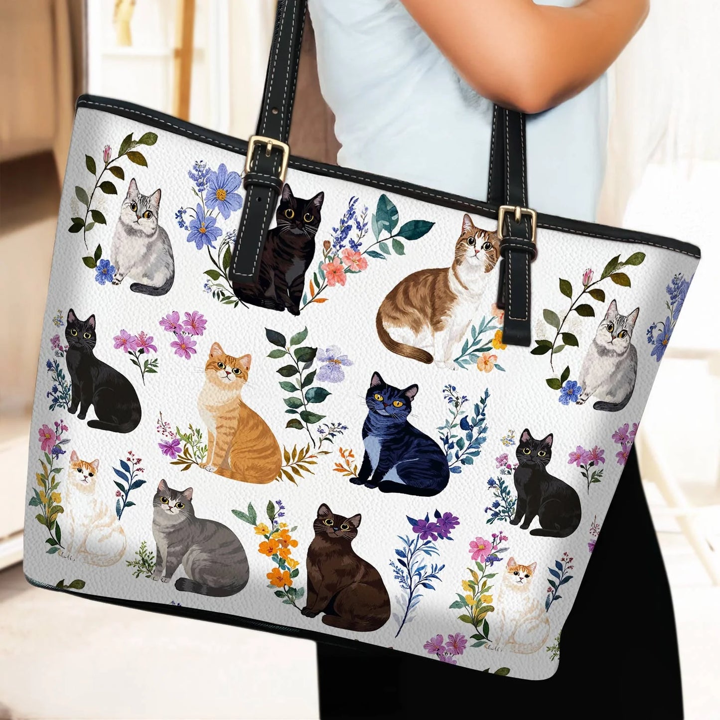 Cat Leather Tote Bag Charming Floral Cats