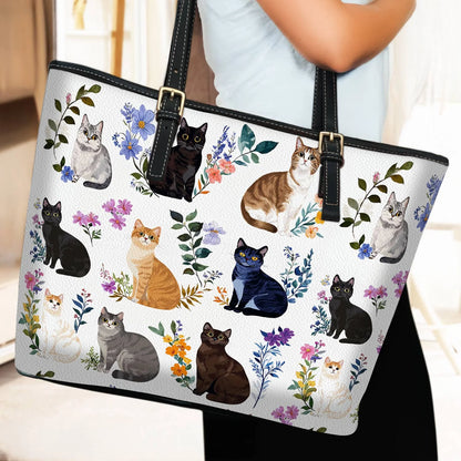 Cat Leather Tote Bag Charming Floral Cats