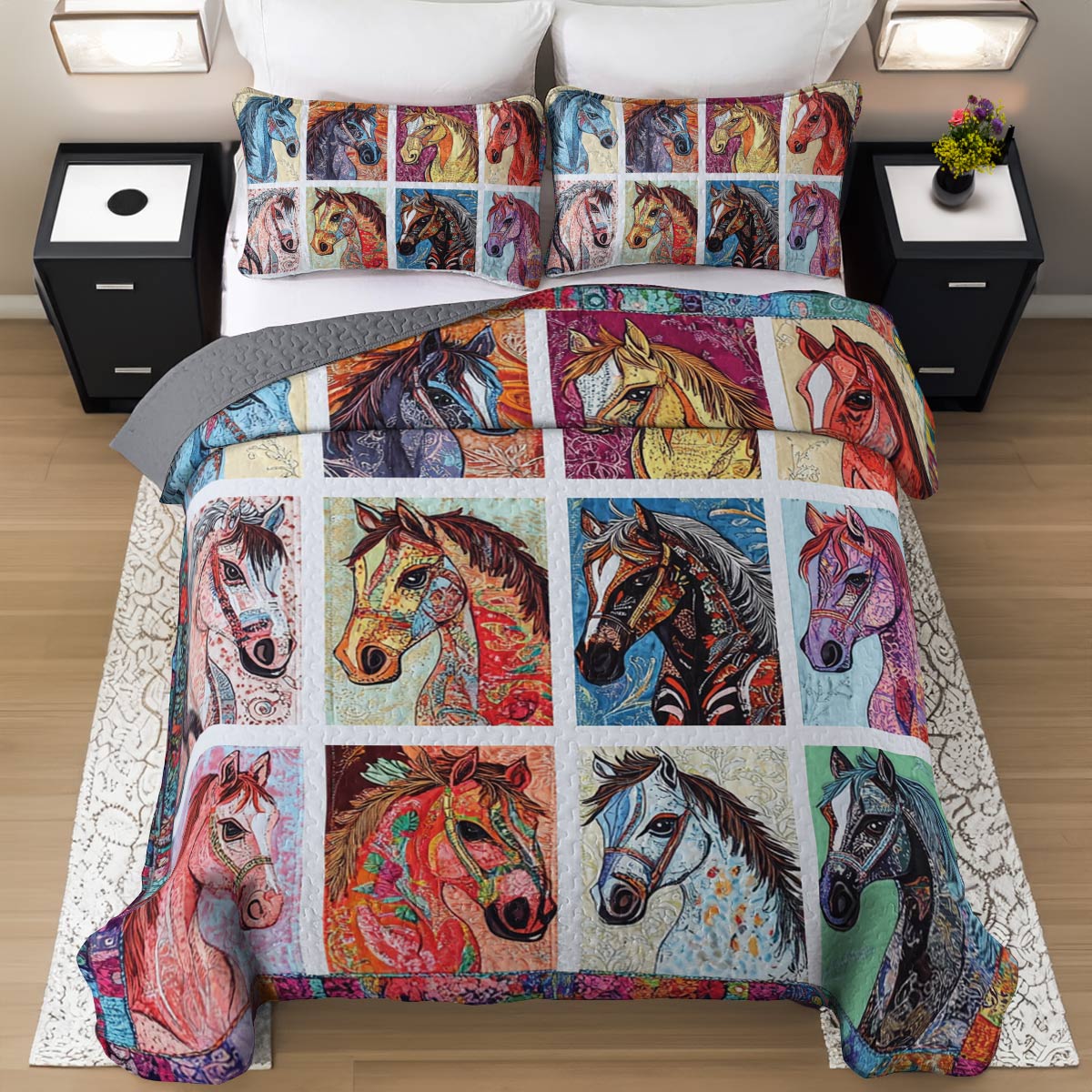 Horse All Season Quilt 3-Piece Colorful Horses