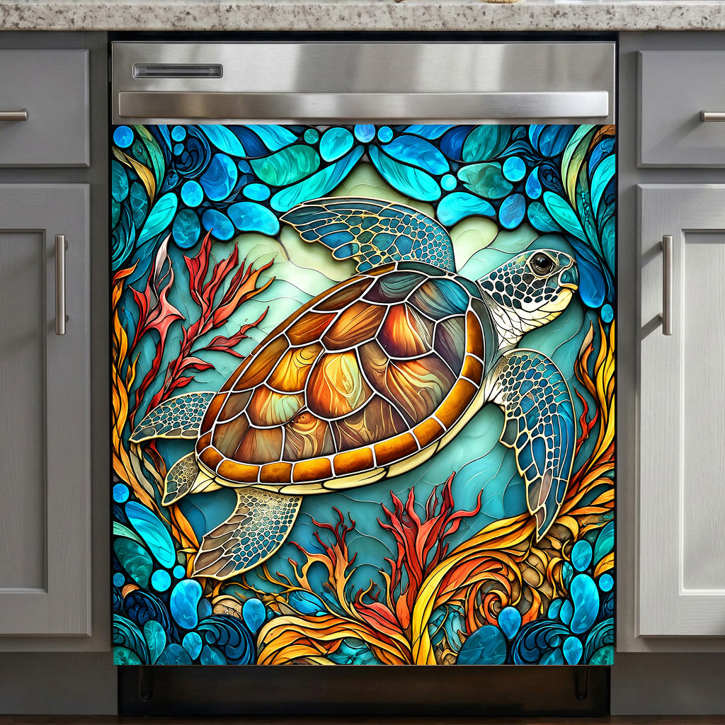 Sea Turtle Magnetic Dishwasher Cover Stained Glass Ocean Garden
