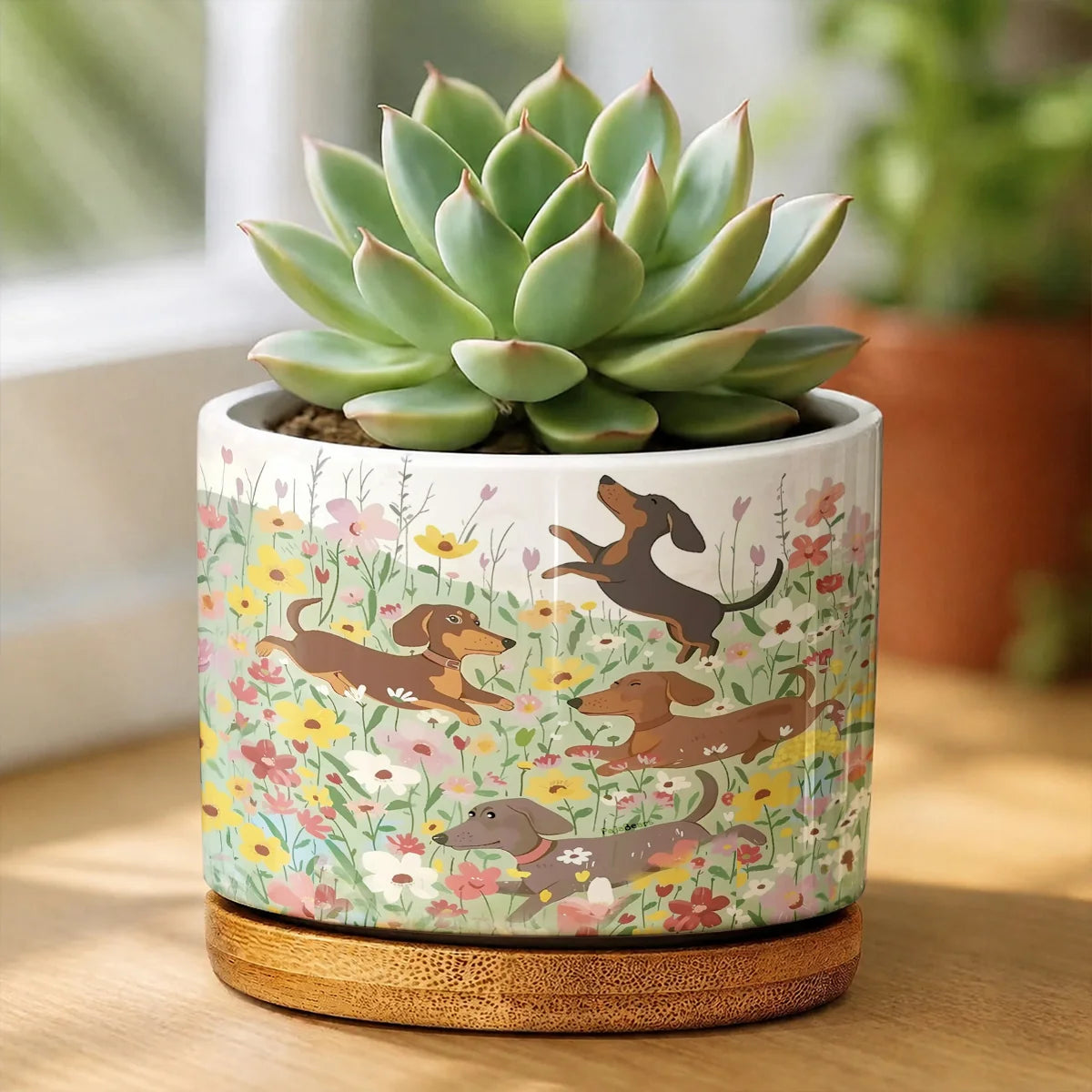 Dachshund Ceramic Plant Pot Happy Dachshunds In Flower Garden