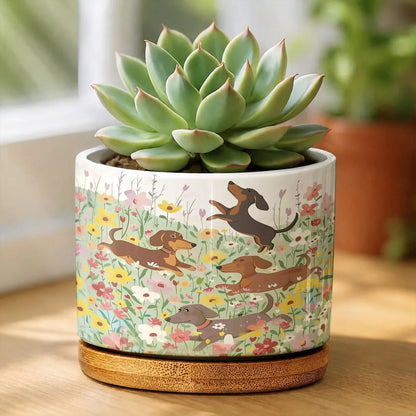 Dachshund Ceramic Plant Pot Happy Dachshunds In Flower Garden