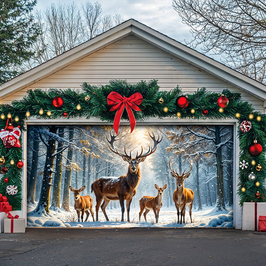 Christmas Garage Door Banner Decoration - Majestic Reindeer Family in Winter Wonderland