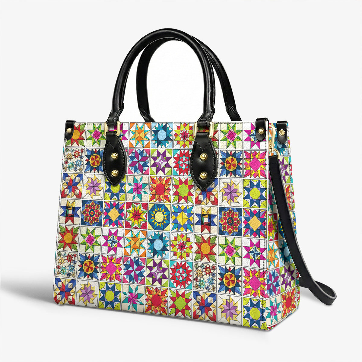 Sewing Lover Leather Handbag Colorful Quilt Blocks