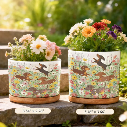 Dachshund Ceramic Plant Pot Happy Dachshunds In Flower Garden