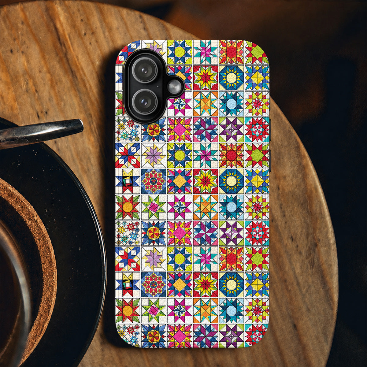 Sewing Lover Leather Phone Case Colorful Star Quilt Blocks
