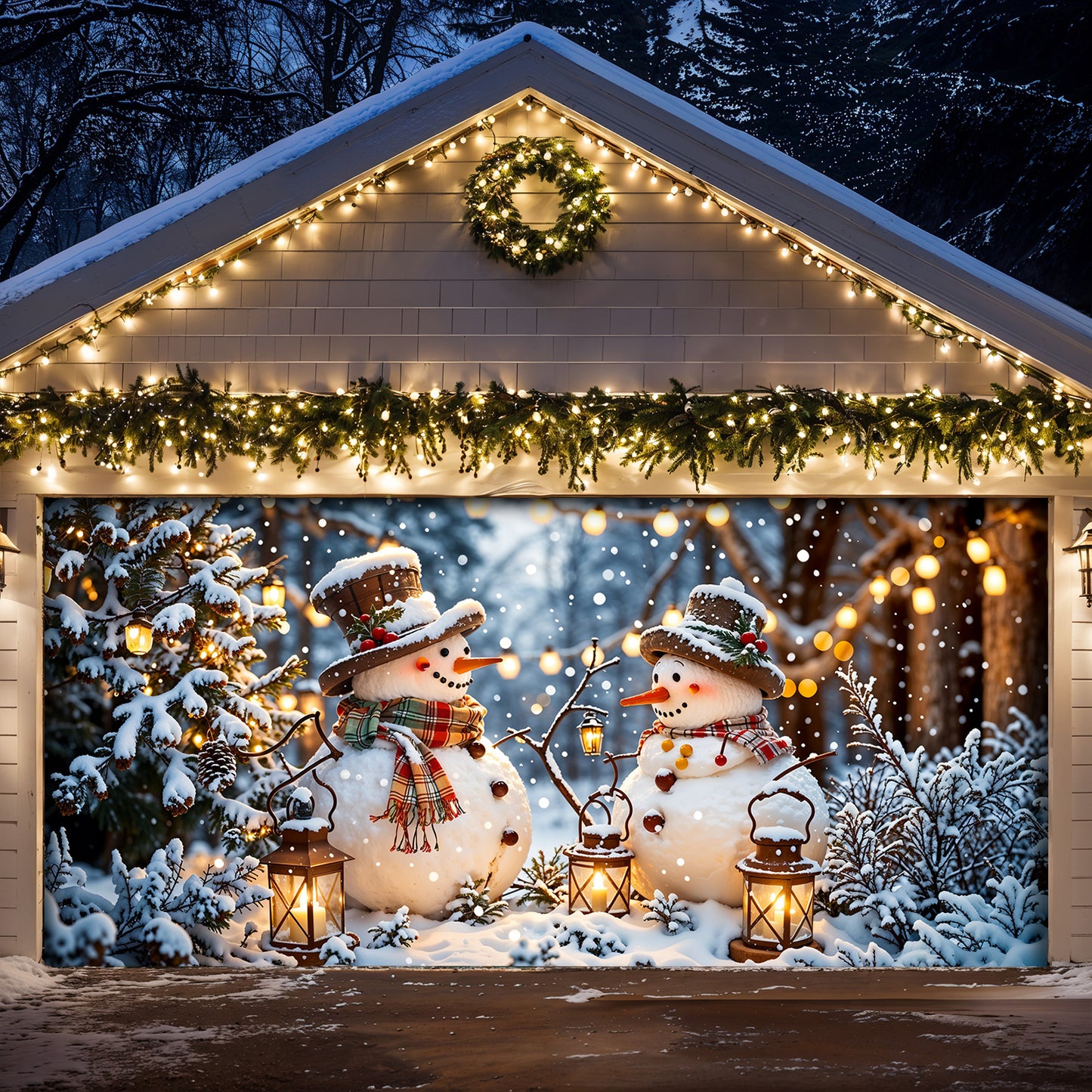 Christmas Garage Door Banner Decoration - Happy Snowmen’s Cozy Forest Glow