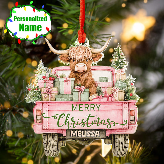 Highland Cow Acrylic Ornament Highland Christmas Truck Personalized