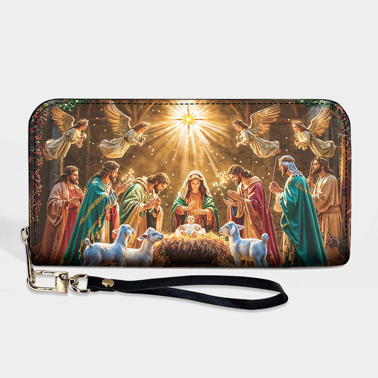God Leather Wallet Divine Light at the Manger The Nativity Scene