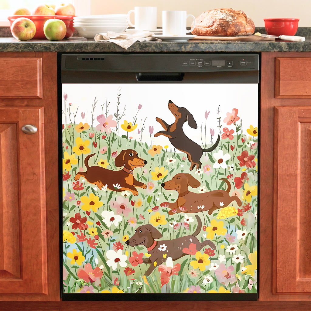 Dachshund Magnetic Dishwasher Cover Happy Dachshunds in Flower Garden