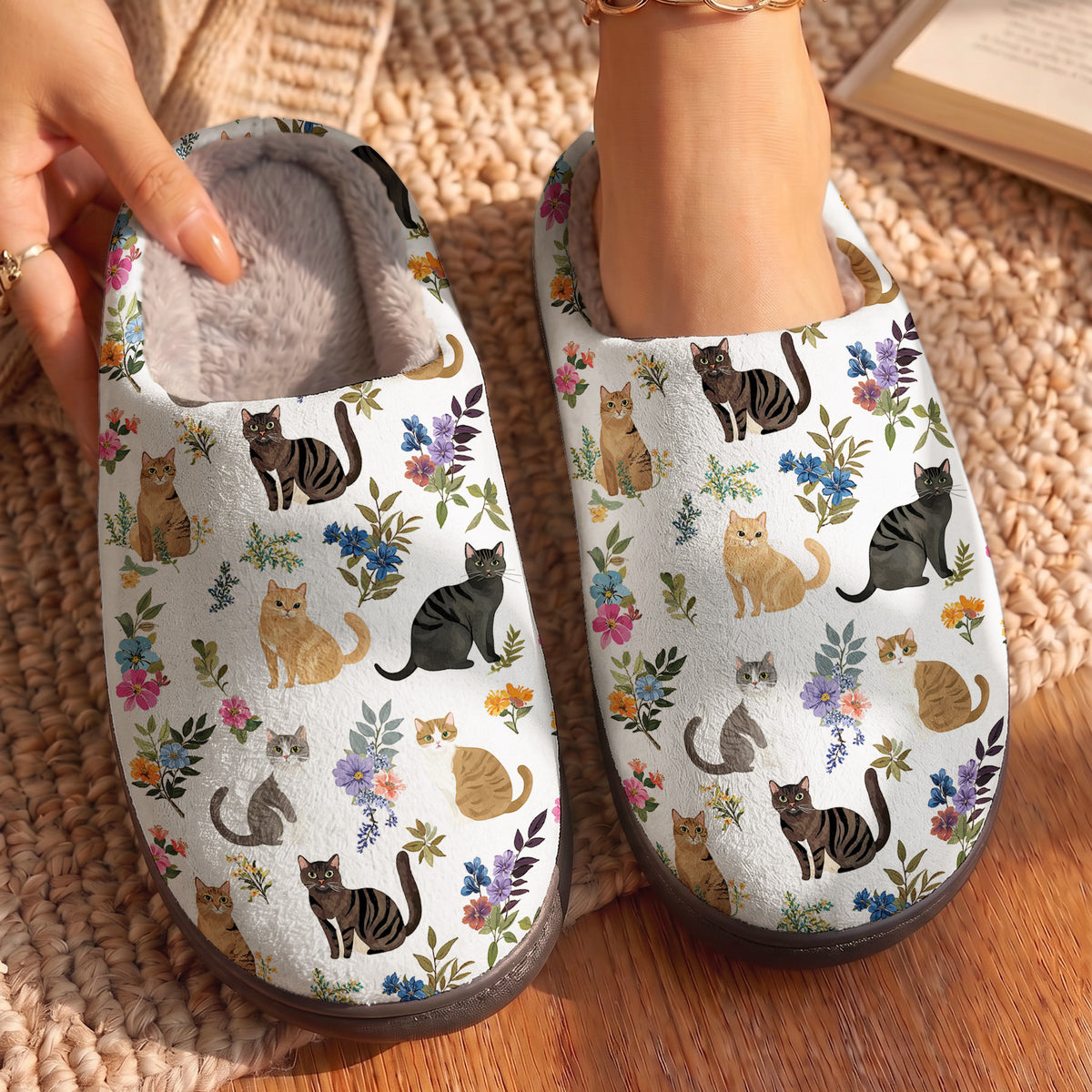 Cat Fleece Lined Slippers Cute Floral Cats
