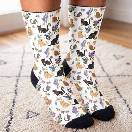 Cat Crew Socks Cute Floral Cats