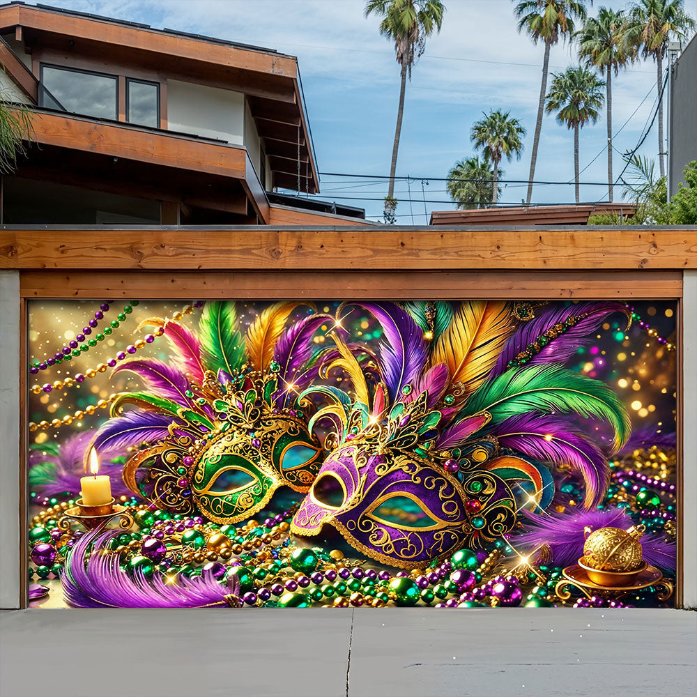 Mardi Gras Garage Door Banner Decoration - Opulent Feather Masque