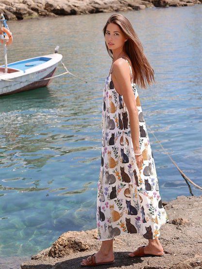 Cat Maxi Dress Charming Floral Cats