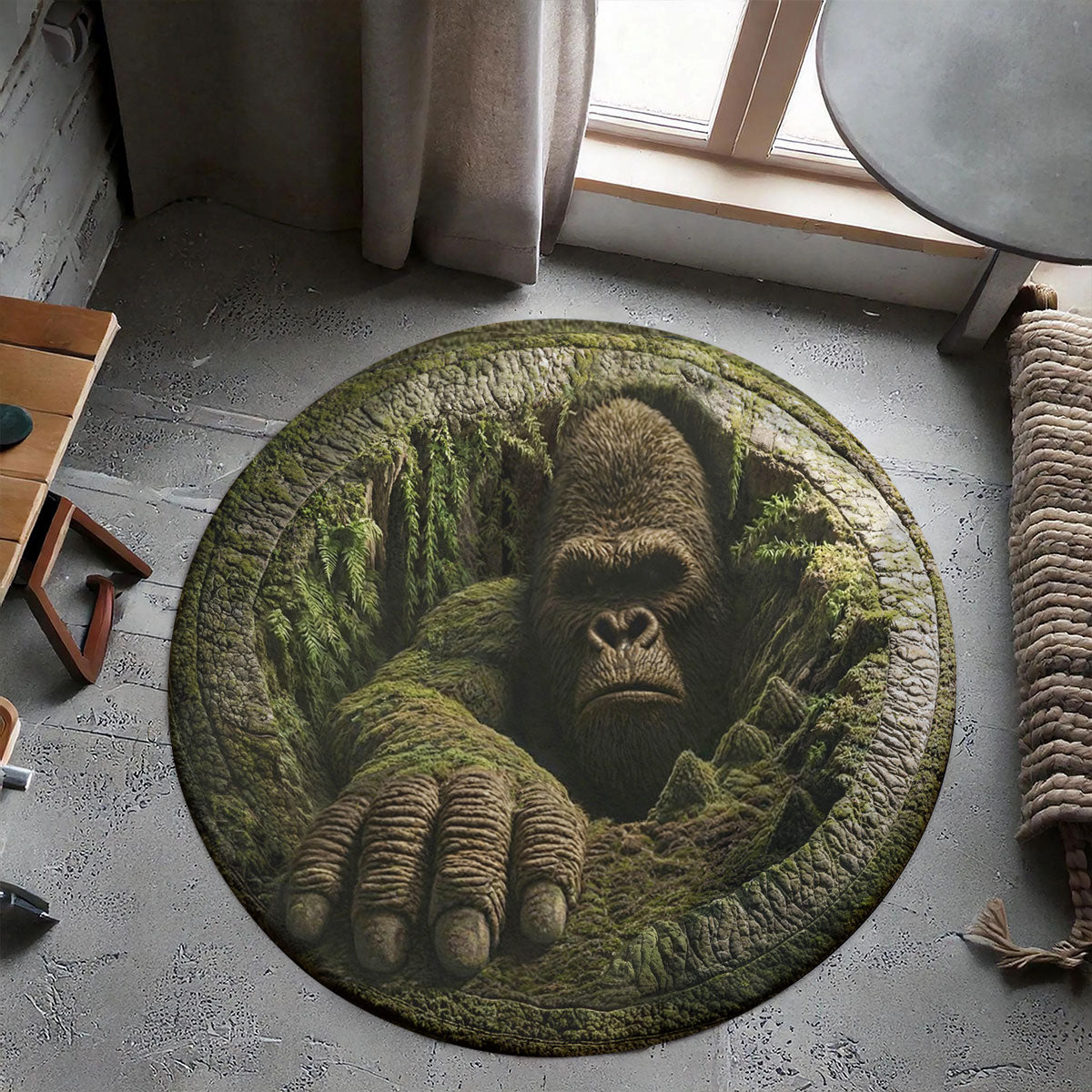 Bigfoot Round Rug Rising from the Forest 3D Illusion Flat Print Rustic Myth Art
