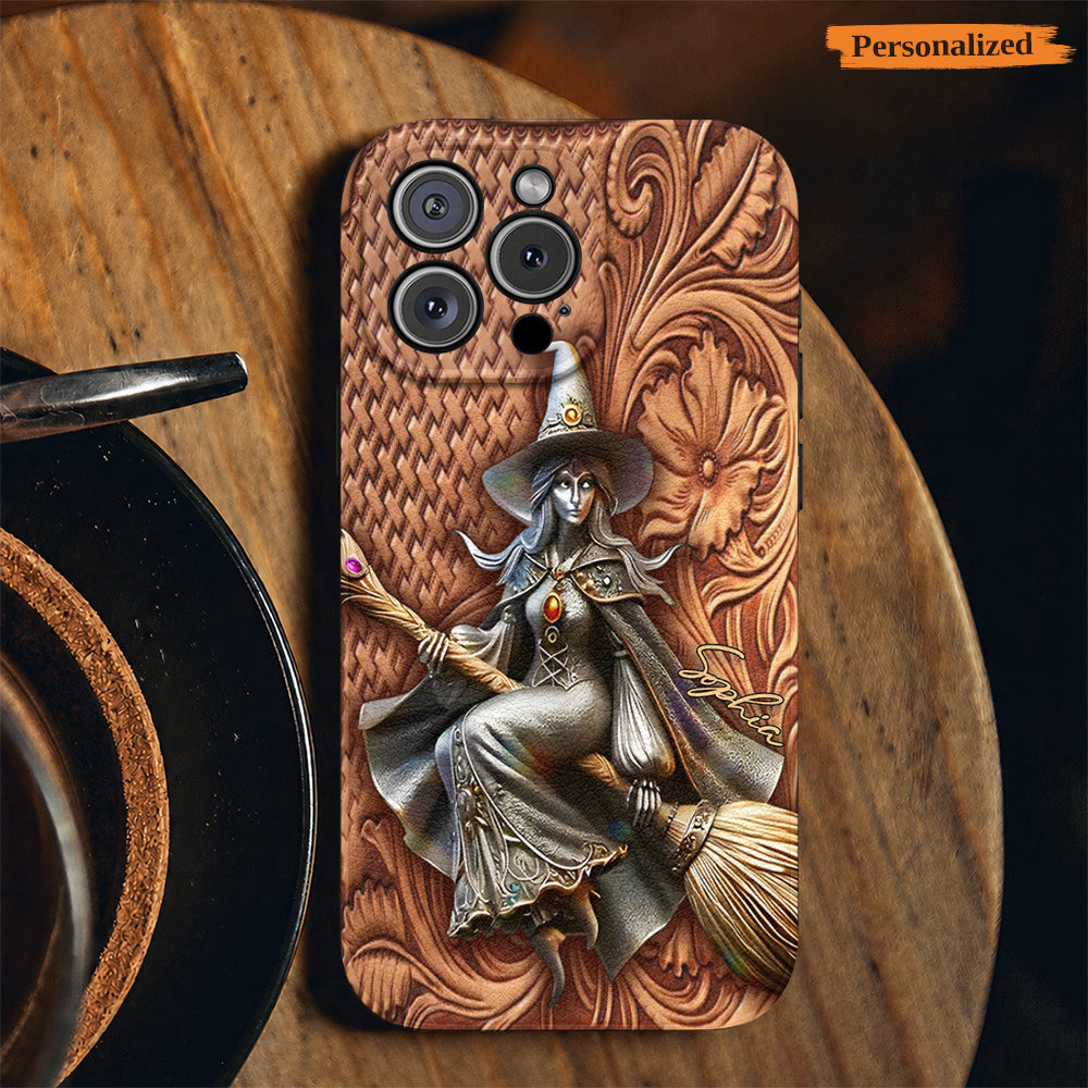 Witch of the Enchanted Broom Personalized Leather Phone Case