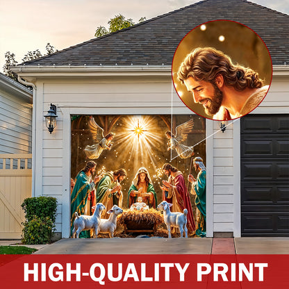 God Garage Door Banner Decoration - Divine Light at the Manger The Nativity Scene