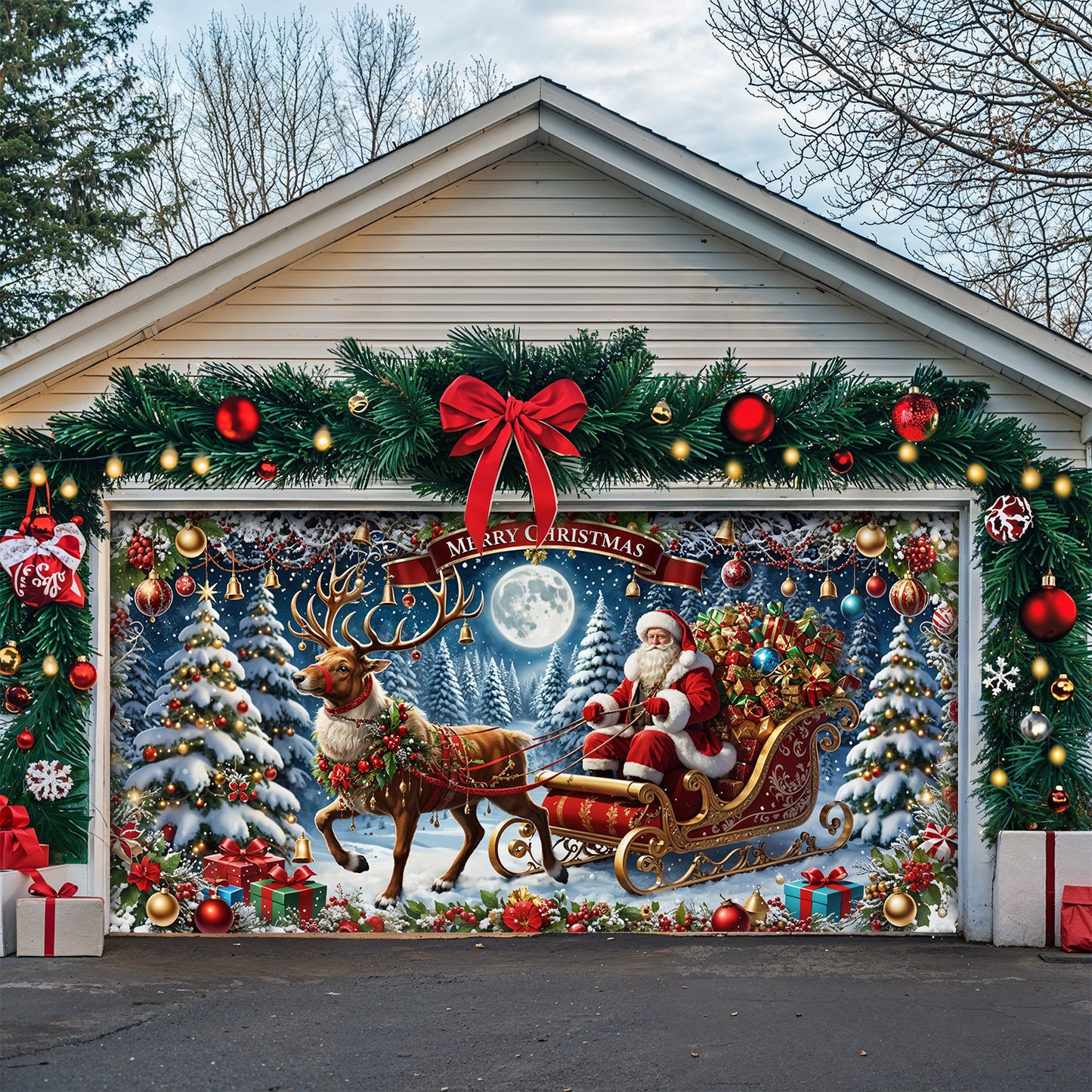 Christmas Garage Door Banner Decoration - Santa’s Sleigh Ride Spreading Cheer on a Winter’s Eve