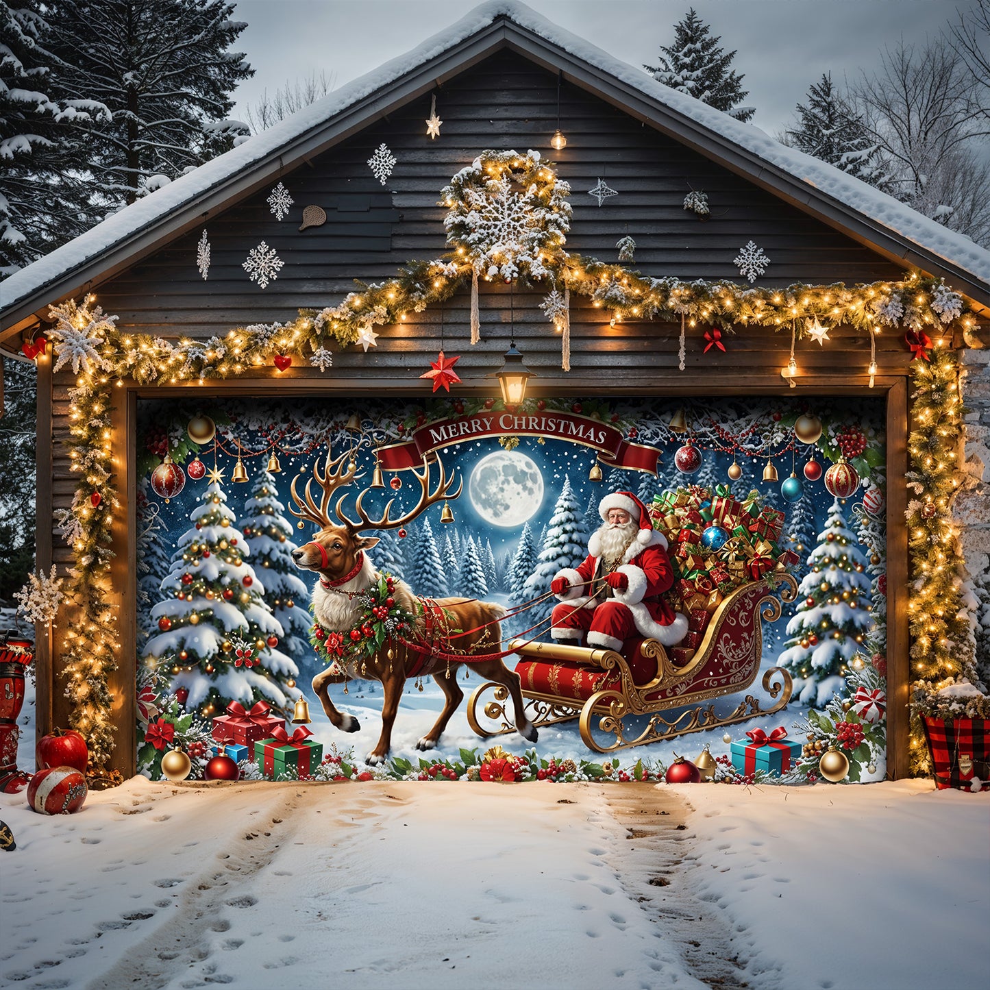Christmas Garage Door Banner Decoration - Santa’s Sleigh Ride Spreading Cheer on a Winter’s Eve