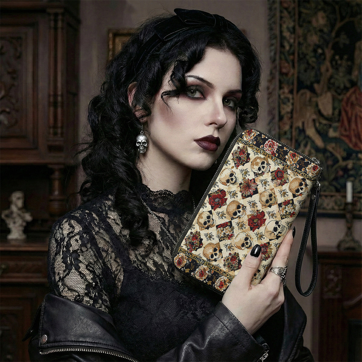 Gothic Skull Leather Wallet Petals & Skulls