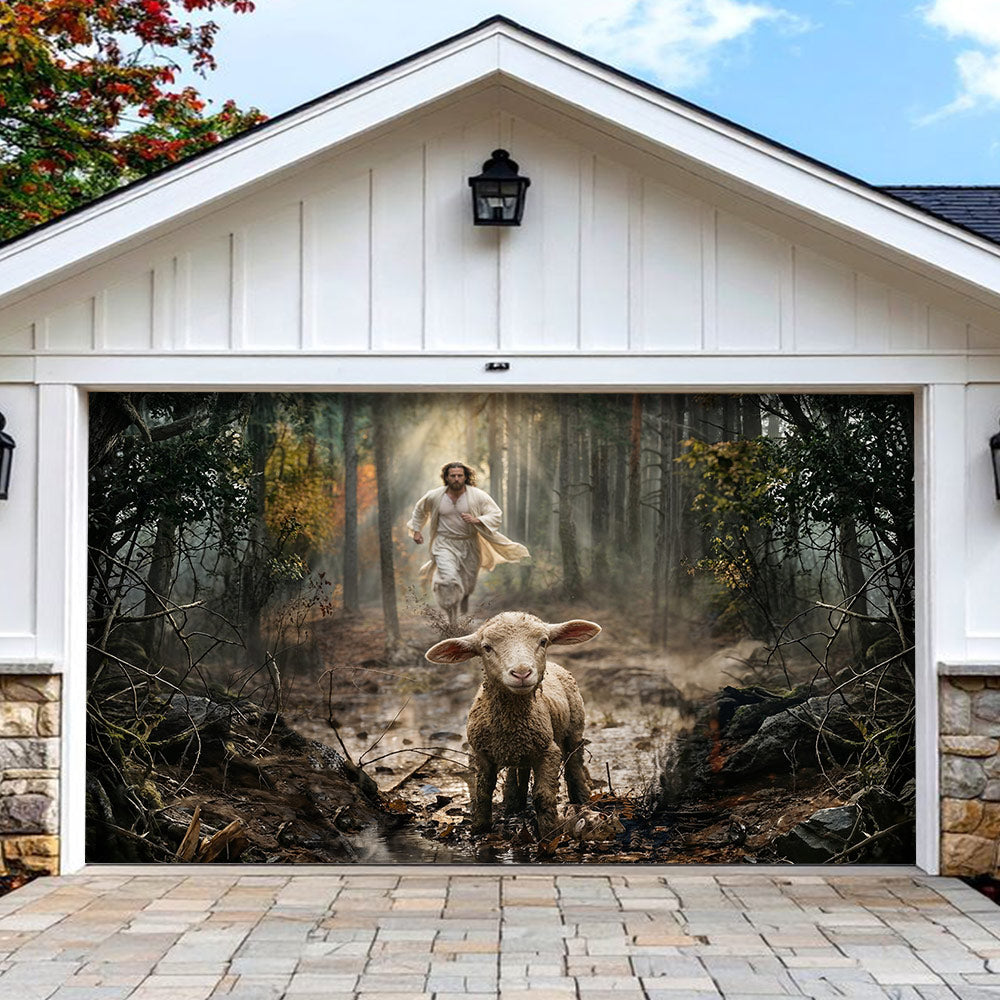 God Garage Door Banner Decoration - Jesus Running After a Lost Lamb