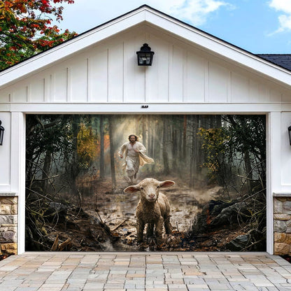 God Garage Door Banner Decoration - Jesus Running After a Lost Lamb