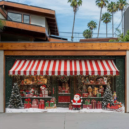Christmas Garage Door Banner Decoration - Christmas Magic at the Window A Snowy Shopfront with Santa and Presents