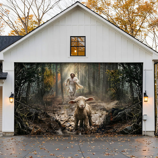 God Garage Door Banner Decoration - Jesus Running After a Lost Lamb