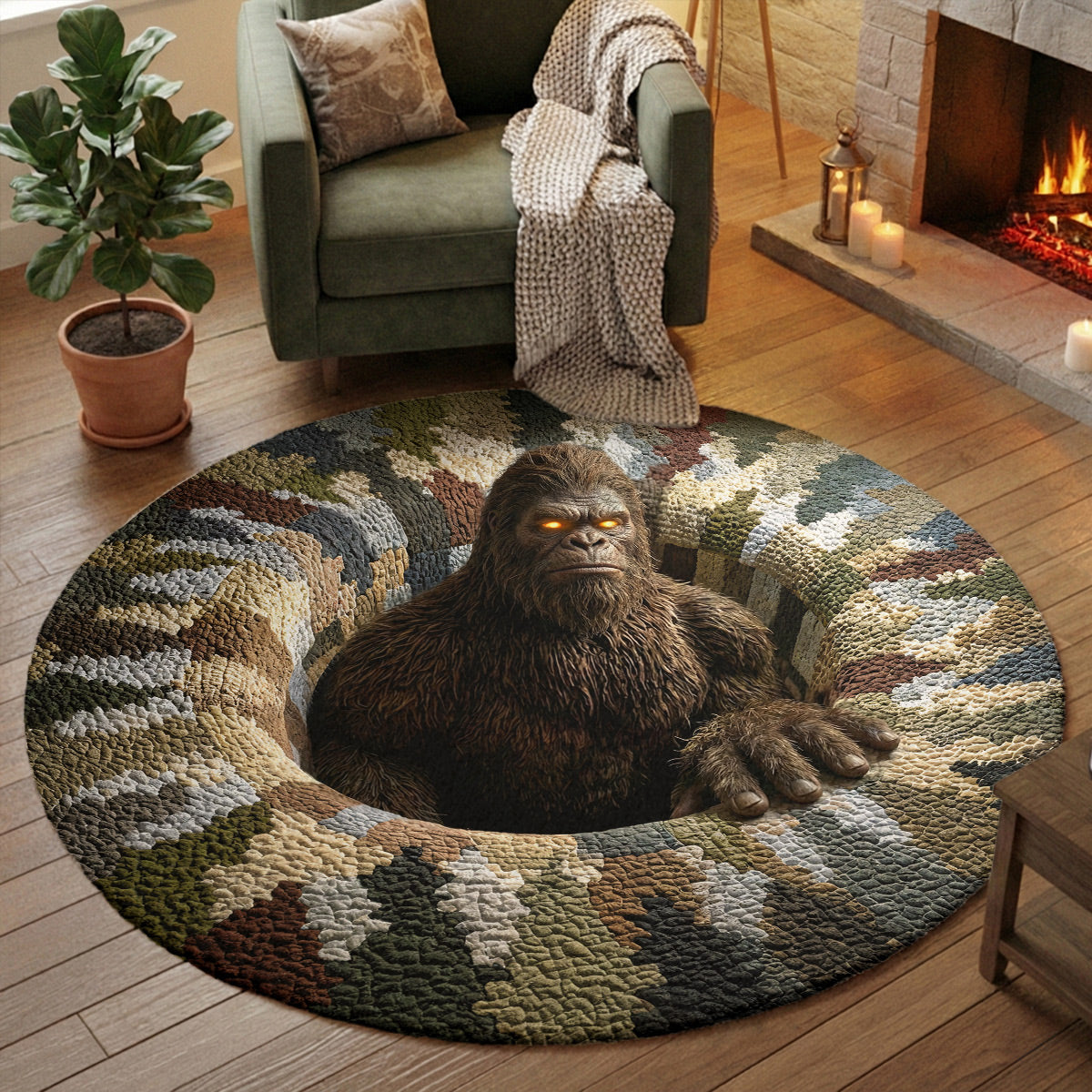 Bigfoot Round Rug 3D Illusion Flat Print Hidden Sasquatch Den