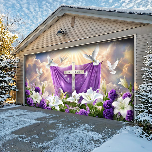Christian Easter Garage Door Banner Decoration - 'He Is Risen' Resurrection in Bloom
