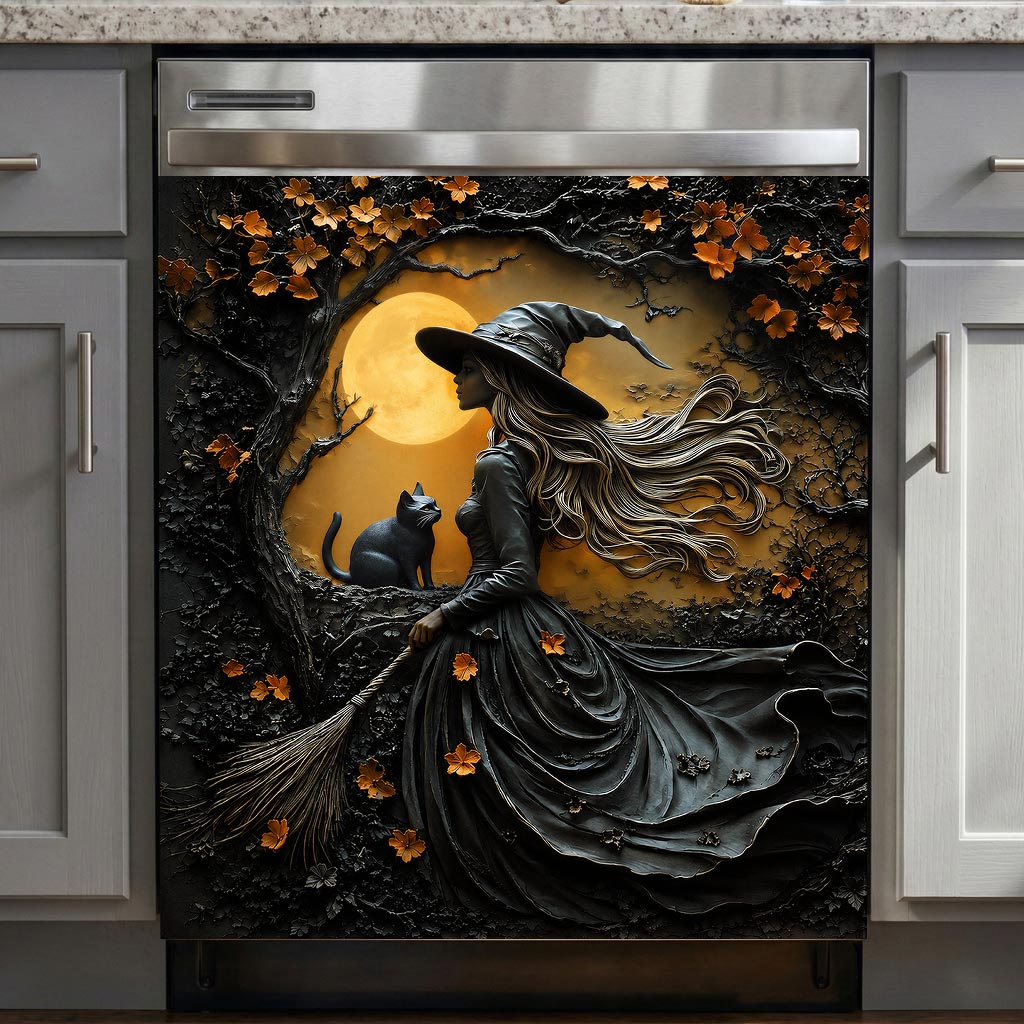 Witch Magnetic Dishwasher Cover Witch Beneath the Autumn Moon