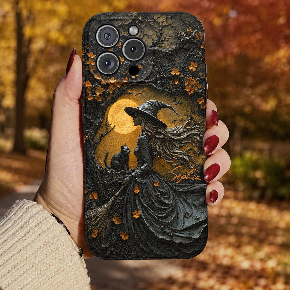 Witch Beneath the Autumn Moon Personalized Leather Phone Case Halloween Gift