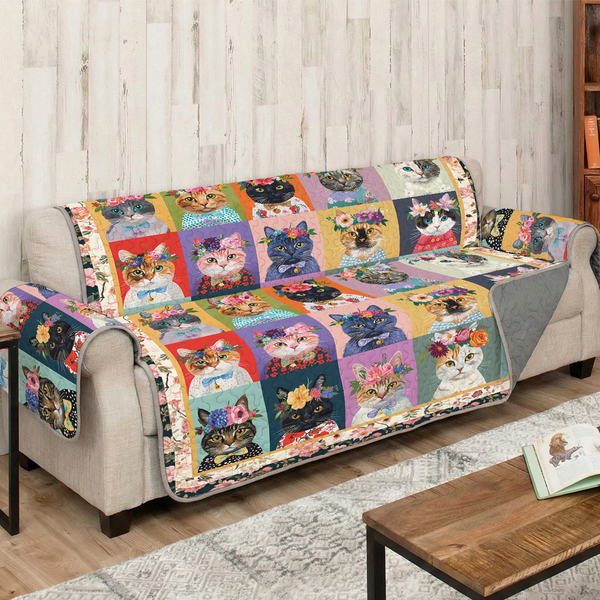 Cat Quilted Sofa Cover Floral Cat Fantasy