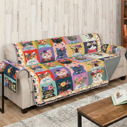 Cat Quilted Sofa Cover Floral Cat Fantasy