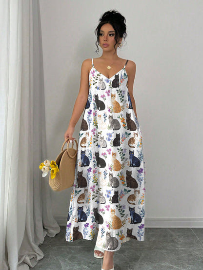 Cat Maxi Dress Charming Floral Cats