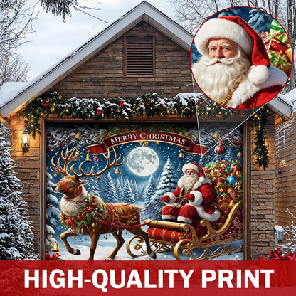 Christmas Garage Door Banner Decoration - Santa’s Sleigh Ride Spreading Cheer on a Winter’s Eve