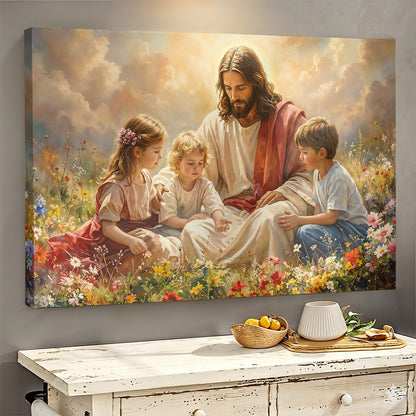 God Wooden-Framed Canvas Wall Art Jesus and the Little Ones In the Wildflower Meadow