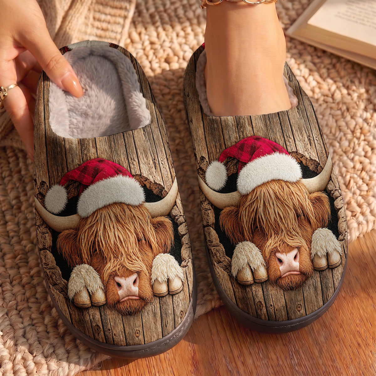 Highland Cow Fleece Lined Slippers Cozy Christmas Hideaway