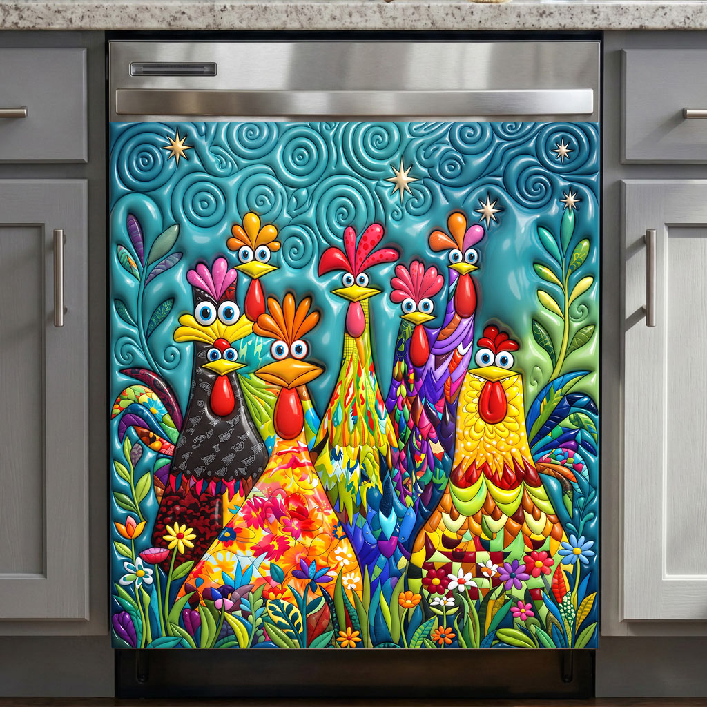Chicken Magnetic Dishwasher Cover Colorful Chicken Garden
