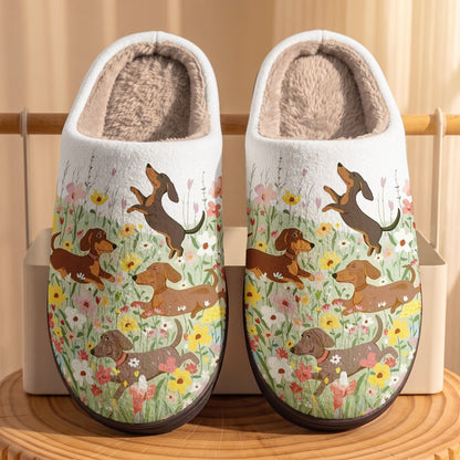 Dachshund Fleece Lined Slippers Happy Dachshunds in Flower Garden