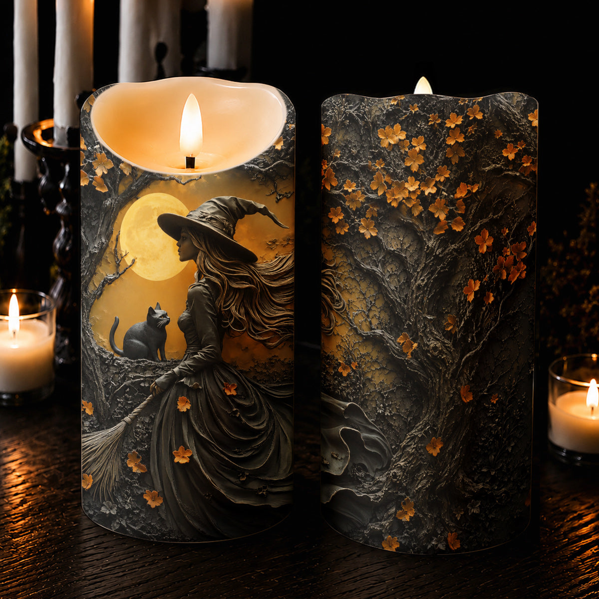 Witch Beneath the Autumn Moon LED Candle Halloween Décor