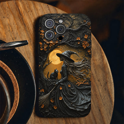 Witch Beneath the Autumn Moon Personalized Leather Phone Case Halloween Gift