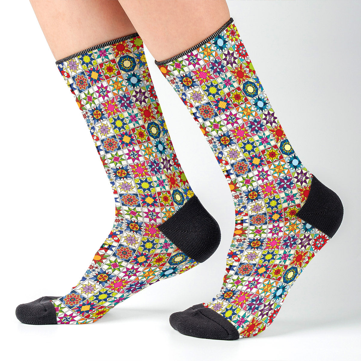 Sewing Lover Crew Socks Colorful Star Quilt Blocks