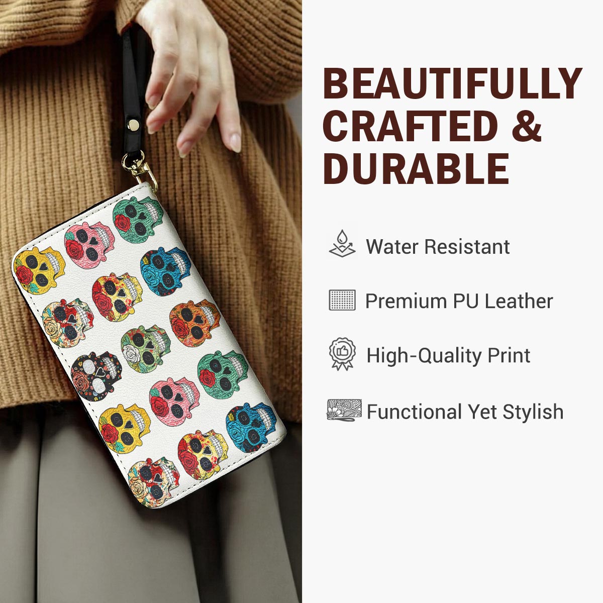 Sugar Skull Leather Wallet Colorful Rose Sugar Skulls