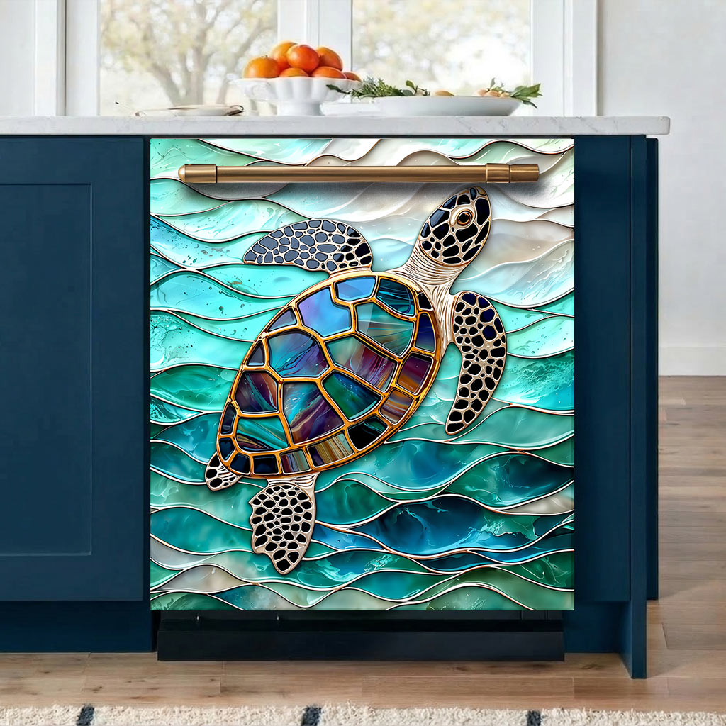 Sea Turtle Magnetic Dishwasher Cover Iridescent Sea Turtle In Turquoise Tides