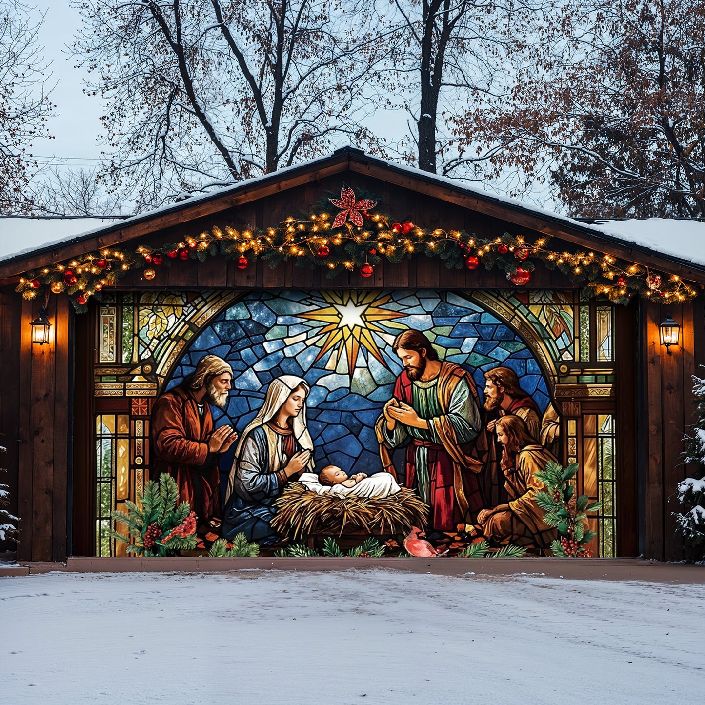 God Garage Door Banner Decoration - The Holy Night in Stained Glass