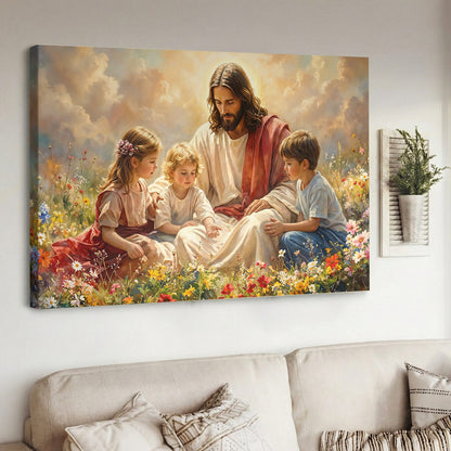 God Wooden-Framed Canvas Wall Art Jesus and the Little Ones In the Wildflower Meadow