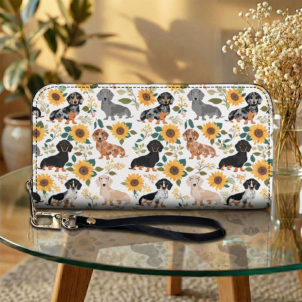 Dachshund Leather Wallet Dachshunds Among Sunflowers