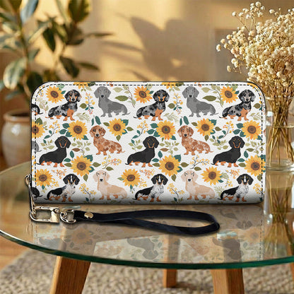 Dachshund Leather Wallet Dachshunds Among Sunflowers