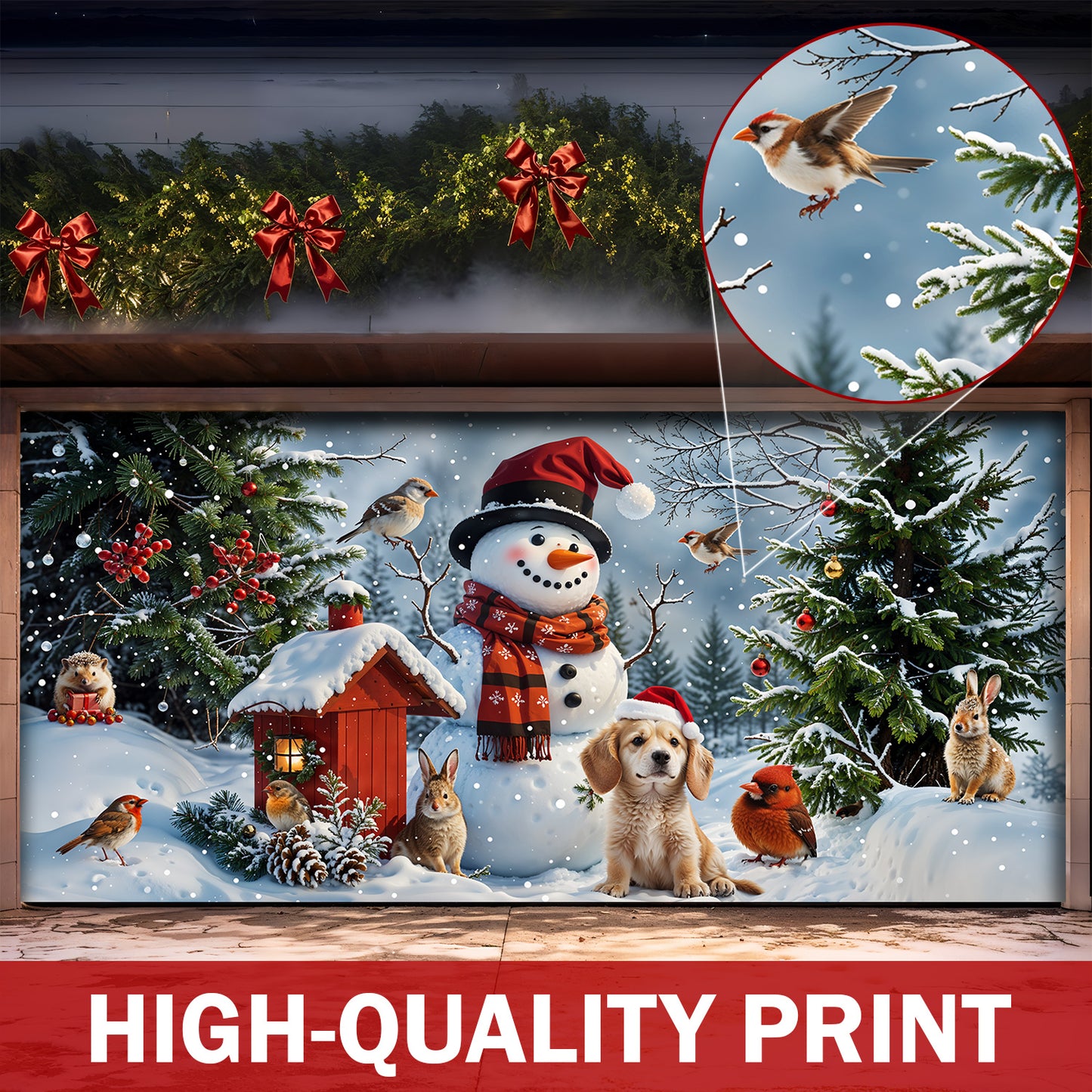 Christmas Garage Door Banner Decoration - Happy Snowman’s Woodland Companions